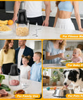 Turnrise Electric Chicken Shredder Tool with Double S-Blades shown in kitchen for family meals, fitness, baby food, and pet food.