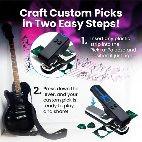 DIY Guitar Pick Punch Gift Kit With Leather Key Chain Holder, 4 Starter Strips, A Handy File, Blue Punch demonstration