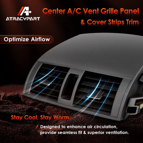 Center A/C dash vent grille panel in gray with left and right cover strips for 2008-2013 Toyota Corolla.