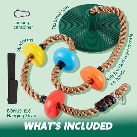 Kid Friendly Tree Swing With Disc Seat And Climbing Rope Carabiner And 4 Ft Strap Easy Install Backyard Playground Accessory For Treehouse And Outdoor Fun For All Ages package contents showing green disc seat, colorful rope platforms, carabiner, and hanging strap.