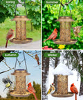 Four seasons view of Solar Bird Feeder For Outdoors Hanging And Garden Lantern Style Metal Wild Bird Feeder With S Hook.