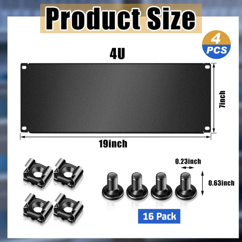 Four Pack 4U Blank Rack Panels For 19 Inch Server Cabinets Heavy Duty Metal Spacers with dimensions 19x7 inches.