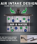 9 Inch Rainfall Waterfall Showerhead With Self Clean Nozzles For A Full Body Drench High Flow 2.5 GPM Oil Rubbed Bronze Ceiling Mounted With Extension Arm demonstrating air intake design to enhance water flow.