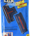 Straight and intersection track parts for multicolor car sets in retail packaging.