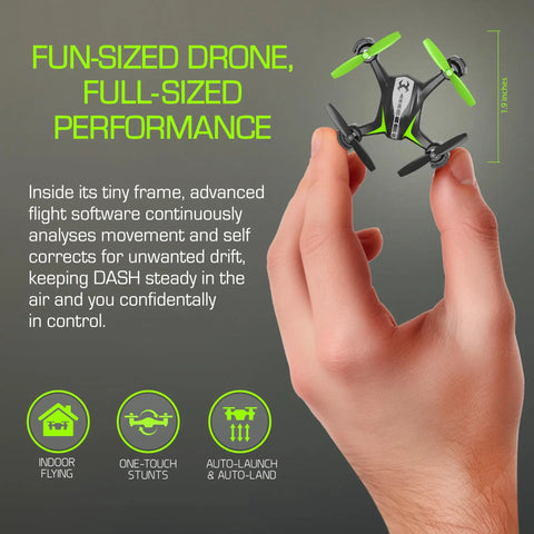 Dash Nano Performance RC Drone For Fast Indoor Flying With Safe Self Correcting Flight in hand showing size and design