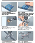 Step-by-step cabinet hinge installation guide illustrating jig placement, marking, drilling, fitting, and adjustments for 12 Pack Half Inch Overlay Soft Close Cabinet Hinges With Smooth As Butter Glide And No Sweat Clip On Swap Out For Top Notch Kitchen Cupboard Door Alignment Plus 3D Adjustability.