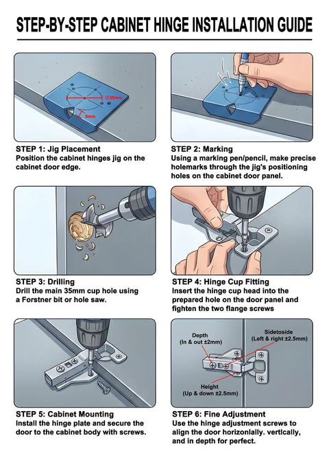 Step-by-step cabinet hinge installation guide illustrating jig placement, marking, drilling, fitting, and adjustments for 12 Pack Half Inch Overlay Soft Close Cabinet Hinges With Smooth As Butter Glide And No Sweat Clip On Swap Out For Top Notch Kitchen Cupboard Door Alignment Plus 3D Adjustability.