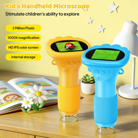 1000X Portable Microscope For Kids With 2 Inch Digital Screen Photo And Video Miniscope Pocket Microscope Gift For Boys And Girls 3-12 Years Old Cool Kid Friendly Three Level Adjustable LED Light Easy To Use STEM Toy, orange and blue