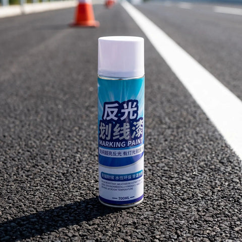 Uonlytech Reflective Hazard Marking Spray, Industrial Safety Warning Paint in 700ml can on asphalt road surface.