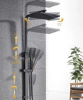 UMJIGF Shower System Set, Exposed Shower Faucet, adjustable 8 inch shower head and hand shower in black on wall.