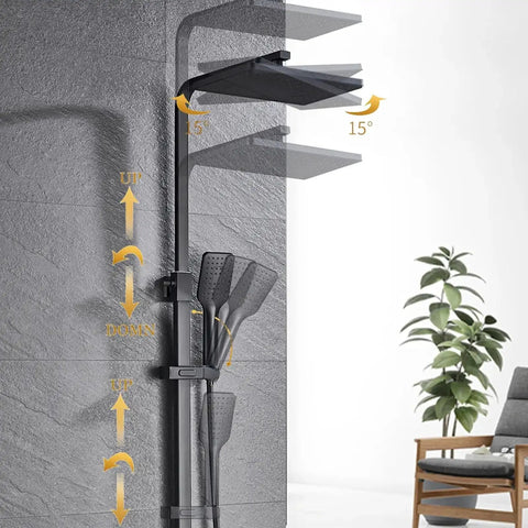 UMJIGF Shower System Set, Exposed Shower Faucet, adjustable 8 inch shower head and hand shower in black on wall.