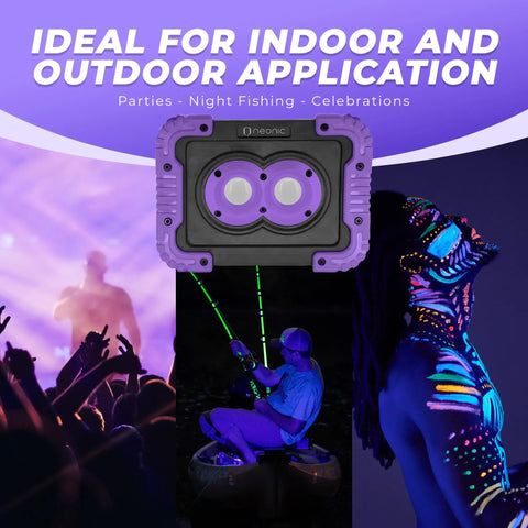 Cordless Rechargeable UV Black Light Flood Lamp 395nm 20W ideal for indoor and outdoor activities like parties and night fishing.