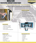 BUSTER lubricant and demoisturant bottle with benefits list, suitable for tools, engines, and electrical gear, 15 oz size.