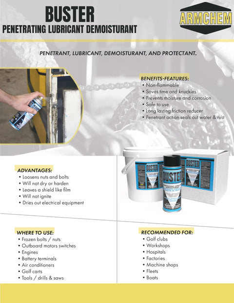 BUSTER lubricant and demoisturant bottle with benefits list, suitable for tools, engines, and electrical gear, 15 oz size.