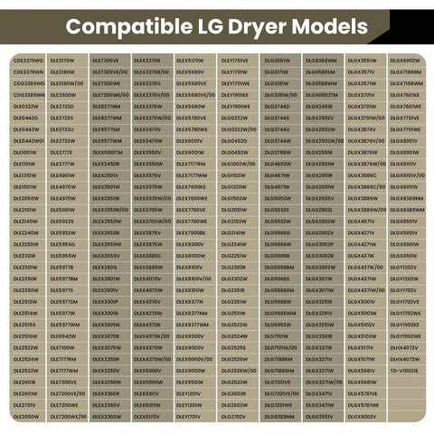 Table of compatible LG dryer models for No Fuss Heavy Duty Dryer Roller Kit Replacement For Front Load And Top Load Dryers