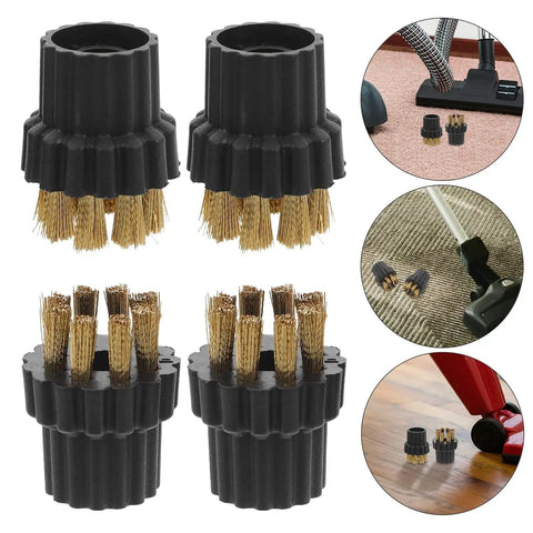 Heavy Duty Steam Cleaner Brush Set With Six Swap Out Heads Built Tough for detailed cleaning, black scrub heads with golden bristles.