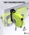 Auto Retracting 45 Foot Extension Cord Reel With 14 Gauge 14 3 AWG SJTW Cable Tangle Free Heavy Duty Power Cord 3 Outlets LED Indicator 11 Amp Breaker 180 Degree Swivel Wall And Ceiling Mount For Garage Tools showing swivel mount.