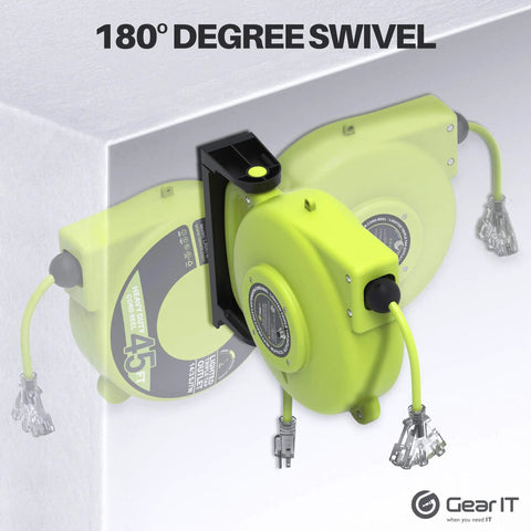 Auto Retracting 45 Foot Extension Cord Reel With 14 Gauge 14 3 AWG SJTW Cable Tangle Free Heavy Duty Power Cord 3 Outlets LED Indicator 11 Amp Breaker 180 Degree Swivel Wall And Ceiling Mount For Garage Tools showing swivel mount.