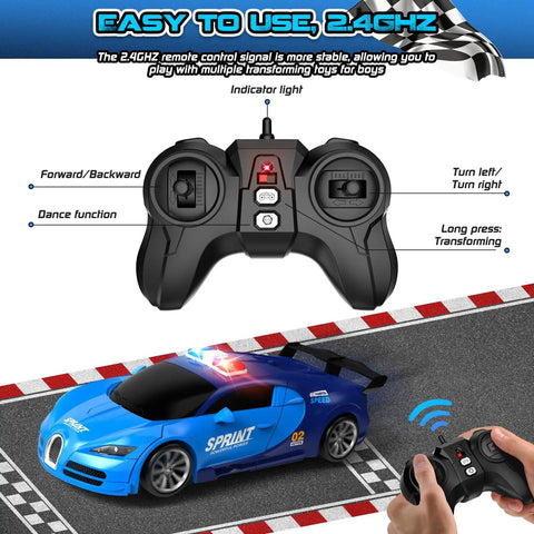 Remote Control Car Transforming Robot Toy For Boys With OneClick Demo Dope 360 Degree Rotation Smooth Deformation LED Lights 2.4GHz RC Vehicle For Kids Easy To Use Perfect Christmas Gift with handheld controller