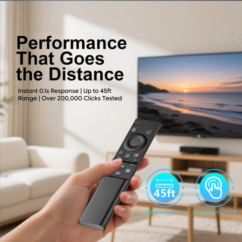 Person holding One For All Universal Replacement Remote for Samsung Smart TVs in a living room setting.