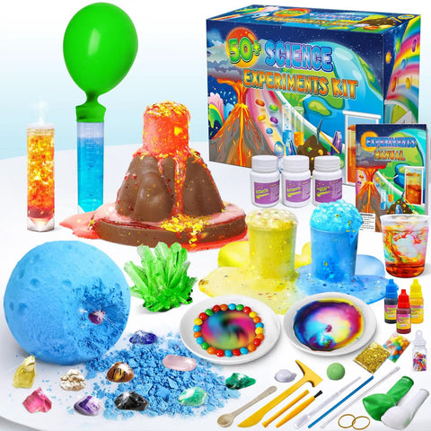 50 Plus Science Experiments Kit For Kids with hands-on STEM activities, chemistry and earth science projects, volcano and gemstones visible.