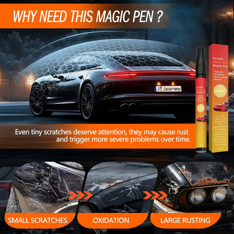 Black Car Scratch Repair Pen Kit 2 Pack shown repairing scratches and paint damage on a black sports car