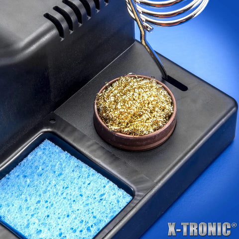Pro Grade 75W Soldering Iron Station with LED Display, brass sponge with flux, and wet sponge on workstation base