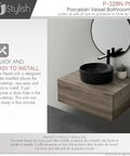 Dope Matte Black Round Vessel Sink 16 Inch Porcelain Over The Counter Bathroom Basin With Enamel Glaze Finish Smooth Non Porous Surface Stain Resistant Durable Contemporary Design on wooden vanity