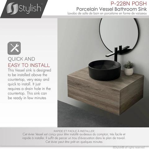 Dope Matte Black Round Vessel Sink 16 Inch Porcelain Over The Counter Bathroom Basin With Enamel Glaze Finish Smooth Non Porous Surface Stain Resistant Durable Contemporary Design on wooden vanity