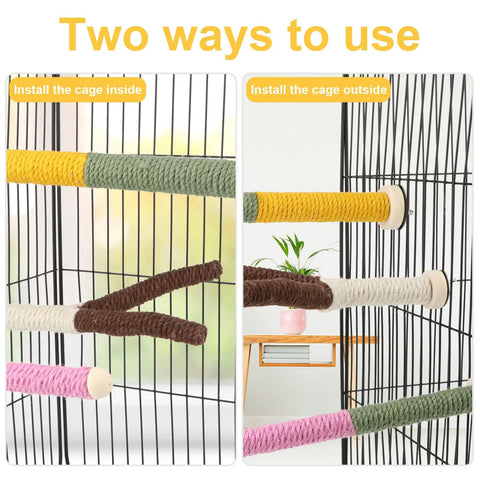 Two installation methods of Top Shelf 3 Piece Natural Wood Bird Perch And Chew Toy Set For Cockatiels Budgies Parakeets.