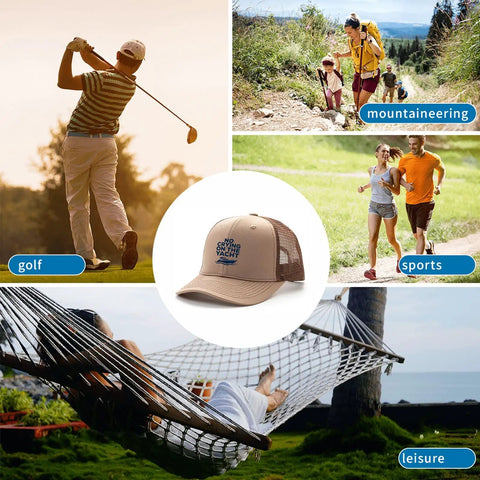 Boat Day Trucker Hat For Men And Women shown amidst outdoor activities like golf, hiking, and relaxing, emphasizing versatility.