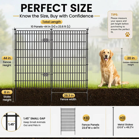Diagram showing Easy To Install No Dig Garden Fence With Gate 44 Inch High 23.6 Foot Long Decorative Metal Outdoor Dog Fence.