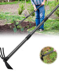 Person using Two In One Garden Hoe And Cultivator With 45 Inch Long Handle Built To Last Heavy Duty Standing Hoe Tiller in garden