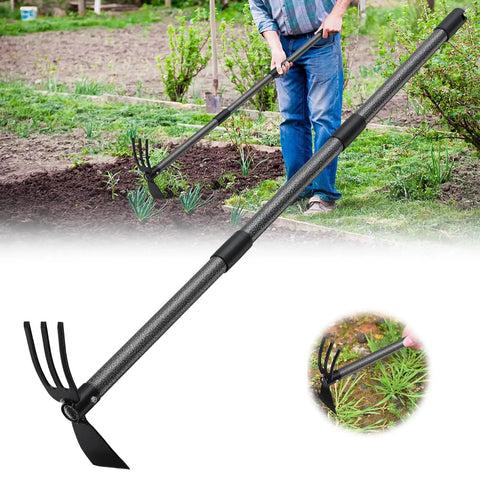 Person using Two In One Garden Hoe And Cultivator With 45 Inch Long Handle Built To Last Heavy Duty Standing Hoe Tiller in garden