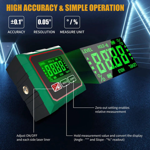 Digital Angle Finder With Laser And Magnetic 4-Side Inclinometer, Pro Grade Precision, ±0.1° Accuracy, 0.05° Resolution, Backlit Display, Measures Degrees And Percent, Fast One-Hand Operation, Built For Builders And DIY Pros, cube display