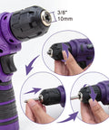 Close-up of 8V purple cordless drill from 150 Piece Household Tool Set With 8V Cordless Drill Driver Kit For Home Maintenance DIY Projects And Repairs Complete Hand Tool Kit In Purple With Rust Resistant Tools And Handy LED Indicator Lights.