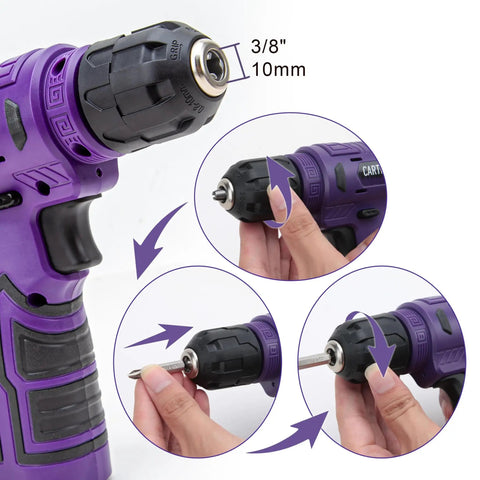 Close-up of 8V purple cordless drill from 150 Piece Household Tool Set With 8V Cordless Drill Driver Kit For Home Maintenance DIY Projects And Repairs Complete Hand Tool Kit In Purple With Rust Resistant Tools And Handy LED Indicator Lights.