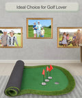 Real Deal Golf Putting Green Mat For Indoor Outdoor Practice 5x10ft in a room setting with photos of golfers on the wall