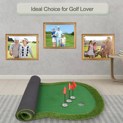 Real Deal Golf Putting Green Mat For Indoor Outdoor Practice 5x10ft in a room setting with photos of golfers on the wall