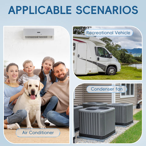 Applicable scenarios for 50uF 440V AC Round Start Capacitor For Heat Pumps And Air Conditioners included in image.