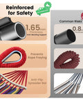 Diagram comparing thickness and features of double hammock with heavy duty steel stand to common risks, showing 1.65mm tube and rope details.