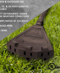 25-Foot Brown Heavy Duty Indoor Outdoor Extension Cord With 3-Prong Splitter on grass showcasing 3-outlet design and UL listing