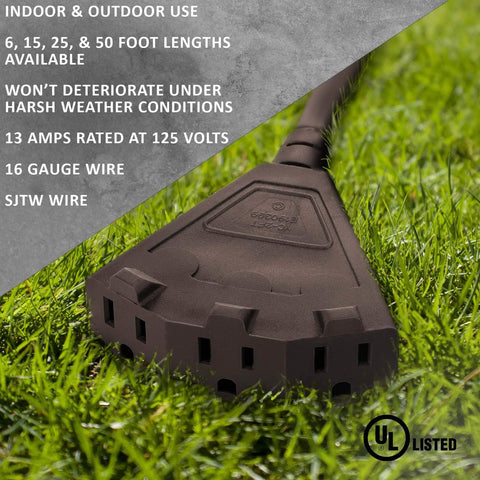 25-Foot Brown Heavy Duty Indoor Outdoor Extension Cord With 3-Prong Splitter on grass showcasing 3-outlet design and UL listing