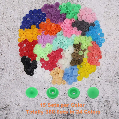 Mixed 24 colors of buttons from 1440-Piece Plastic Grab-And-Go Snap Buttons Kit No Sew T5 Snaps With Pliers 360 Sets