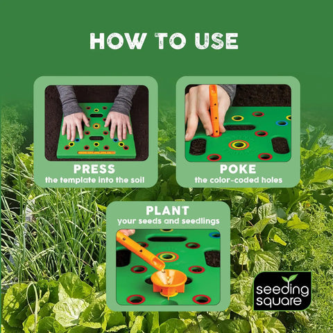 How to use Color Coded Square Foot Garden Spacing Template With Dibber Seed Spoon Ruler with pressing and poking steps.