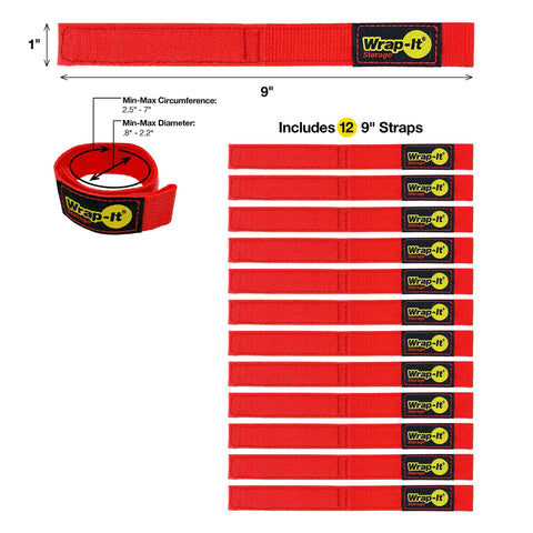 9 Inch Red Quick-Strap Cord Wraps, 12 Pack Hook And Loop Straps for organizing cords, hoses, and cables, shown flat and coiled.