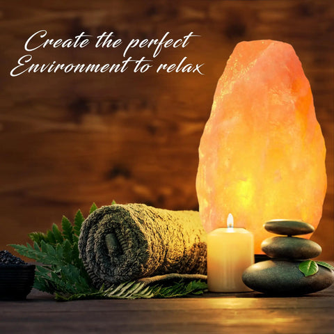 Multicolor USB LED Salt Lamp With Plastic Base For Home Office Dorm Decor beside candle, towel, and stones