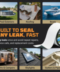 Waterproof Sealant Tape That Stops Leaks Fast And Sticks Tight For 15 Plus Years 4 Inch By 20 Foot Roll Weatherproof For RVs Roofs Pools Boats And Gutters Built For Harsh Weather From Minus 40 To 190 Degrees No Primer Needed shown with usage examples