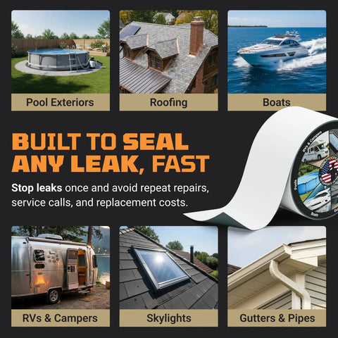 Waterproof Sealant Tape That Stops Leaks Fast And Sticks Tight For 15 Plus Years 4 Inch By 20 Foot Roll Weatherproof For RVs Roofs Pools Boats And Gutters Built For Harsh Weather From Minus 40 To 190 Degrees No Primer Needed shown with usage examples