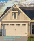 Front view of a garage door with 6 piece decorative garage door hinge handles steel hardware kit for metal doors wooden doors and more with silent hydraulic buffer and soft close for heavy duty aluminum and steel doors.